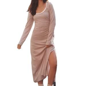 Anthropologie Daily Practice Striped Long Sleeve Slit Fitted Ruched Maxi Dress